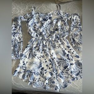 Altar’d State S Blue White Romper Cold Shoulder Floral Boho Festival Ruffle Hem